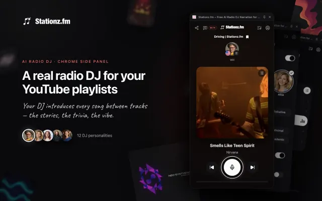 Stationz side panel next to a YouTube playlist
